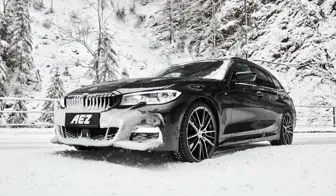 BMW 3-serie med AEZ Kaiman dark. Svarta/polerade vinterfälgar från OCL Brorssons fälgspecialisten